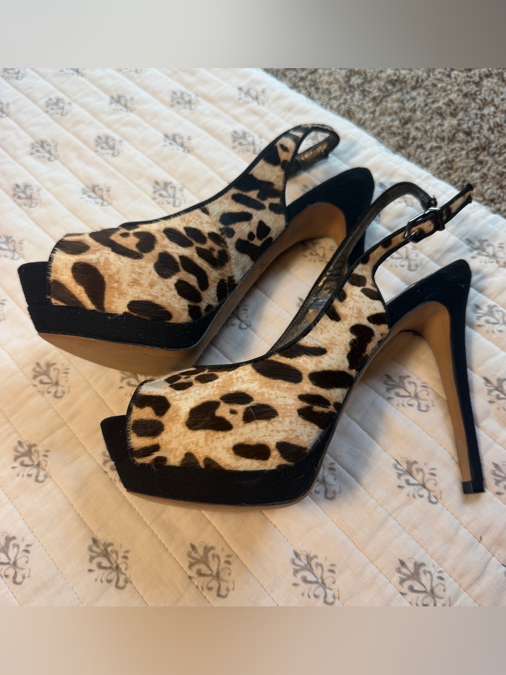 Sam Edelman Leopard Calf Hair Platform Slingback Heels Size 7 Peep Toe